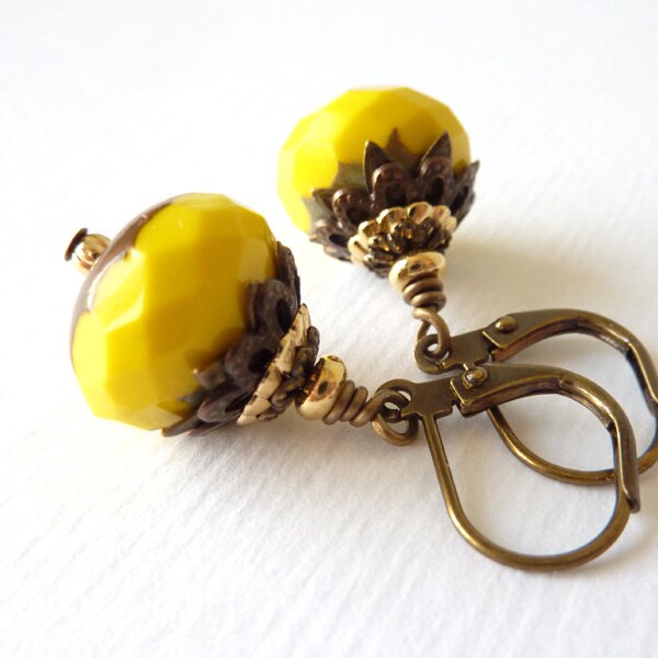 Yellow Bead Earrings, Antiqued Brass, Leverback Earrings