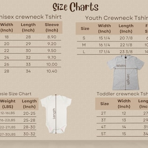 May include: Size charts for adult, youth, toddler crewneck t-shirts, and baby onesies. Includes measurements in inches for width, length, and sleeve (adult). Baby onesie chart includes weight in pounds. The image shows the size charts for different clothing items.
