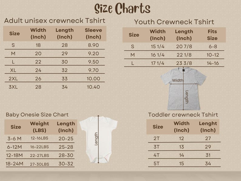 May include: Size charts for adult, youth, toddler crewneck t-shirts, and baby onesies. Includes measurements in inches for width, length, and sleeve (adult). Baby onesie chart includes weight in pounds. The image shows the size charts for different clothing items.