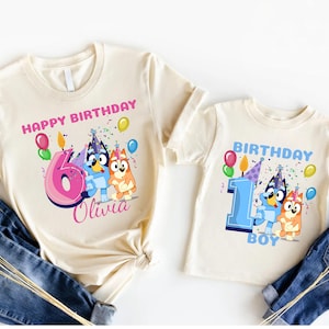 Personalized Bluey Dog Birthday Shirt - Custom Age Tee for Kids - Bluey Cartoon Family Matching Party Outfit Bluey Birthday Party Shirt