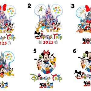 May include: Six Disney-themed designs showcasing characters such as Mickey, Minnie, Donald, and Goofy. Each design includes the text "Disney Trip 2025" and a castle illustration, ideal for Disney enthusiasts.