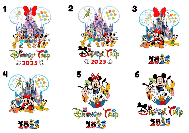 May include: Six Disney-themed designs showcasing characters such as Mickey, Minnie, Donald, and Goofy. Each design includes the text "Disney Trip 2025" and a castle illustration, ideal for Disney enthusiasts.