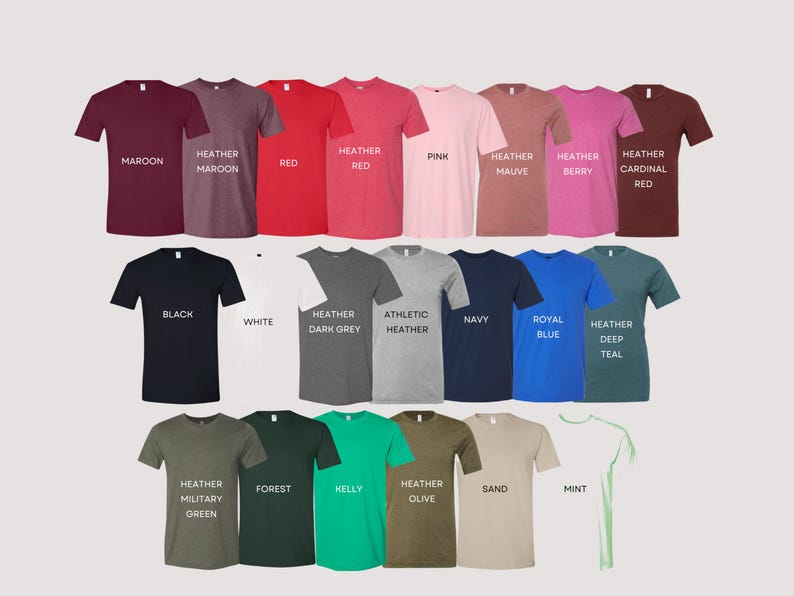 May include: A selection of t-shirts in a variety of colours, including maroon, red, and navy. Each shirt has a colour name printed on it, such as "Maroon," "Red," and "Black." The shirts are arranged in neat rows and columns.