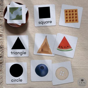 May include: A set of square educational flashcards featuring various shapes and objects including a black square with the text square, a waffle, a black triangle with the text triangle, a teepee, a watermelon slice, a black circle with the text circle, a blueberry, and a button.