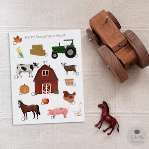 May include: A Farm Scavenger Hunt activity sheet featuring illustrations of a tractor, barn, animals, and crops with checkboxes, alongside a wooden toy tractor and a small brown plastic horse figurine. The sheet includes the text Farm Scavenger Hunt.