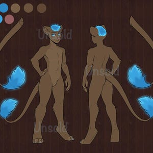 May include: Digital illustration of a furry character in brown, with blue hair and tail accents. The character is shown from the front and back, with the word "Unsold" visible. The background is a dark wood grain.