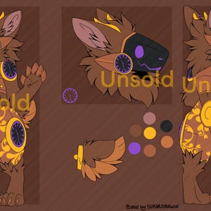 May include: Digital art of a brown and gold furry character design. The character has a clock-themed design with purple accents and the word "Unsold" is written across the image. The design includes a headshot, full body, and tail.