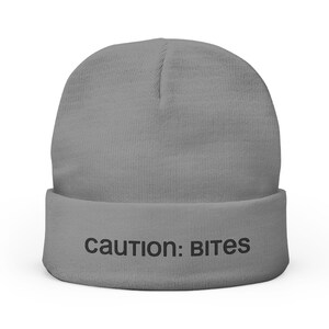 Caution: Bites Knit Beanie - Funny Beanie Hat, Winter Accessory, Gift for Him, Embroidered Hat, Cozy Winter Wear
