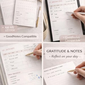 Könnte beinhalten: Digitaler Planer mit verschiedenen Layouts, darunter Kalender, To-Do-Liste, Essensplaner und Dankbarkeitstagebuch. Konzipiert für die Verwendung auf einem Tablet oder zum Ausdrucken zu Hause. Stift und Papier, sowie ein Tablet.