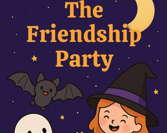 Puede incluir: Ilustración con temática de Halloween con el texto "The Friendship Party". Presenta una bruja sonriente, un fantasma, una calabaza y un murciélago sobre un fondo morado oscuro con estrellas y una luna creciente.