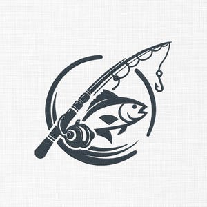 Pode incluir: Logotipo de pesca azul escuro com um peixe, uma cana de pesca e um anzol dentro de um círculo. O peixe tem um corpo curvo e a boca aberta, a cana está em ângulo.