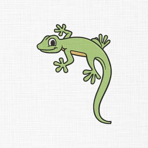 May include: A cartoon illustration of a green gecko with a yellow underbelly and black outlines. The gecko is depicted with a friendly expression and is positioned diagonally on a white background.