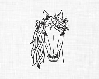 花柄馬刺繍デザイン、線画（5サイズ）（デジタルダウンロード）