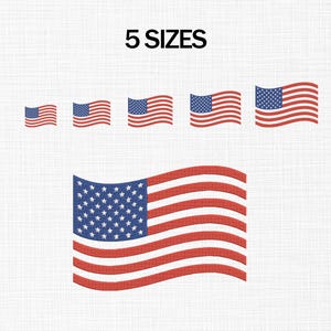 May include: An image featuring five embroidered American flags in varying sizes, with the text "5 SIZES" at the top. The flags have red and white stripes and a blue field with white stars.
