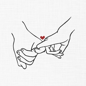 Puede incluir: Un dibujo lineal en blanco y negro de dos manos que se agarran los meñiques. Un pequeño corazón rojo está entre las manos. El fondo es blanco con un sutil patrón texturizado.