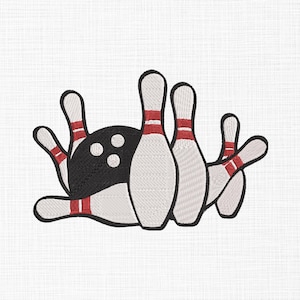 May include: An embroidered design of a black bowling ball with three white holes and five white bowling pins with red stripes. The pins are arranged around the ball, suggesting the sport of bowling.