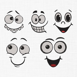 Könnte beinhalten: Fünf Cartoon-Gesichter mit unterschiedlichen Ausdrücken. Jedes Gesicht hat große Augen, einen Mund und Augenbrauen. Die Gesichter sind in Schwarz und Grau gehalten, mit roten Akzenten in den Mündern. Die Ausdrücke umfassen Lächeln, Überraschung und Nachdenklichkeit.