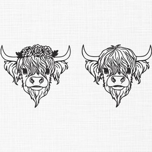 Floral Highland Cow Line Art Embroidery Design (5 Sizes) (Digital Download)