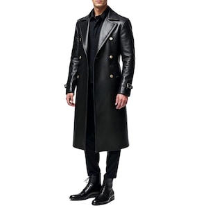 Men&#39;s Genuine Leather Black Trench Coat Long - Long Coat for Men - Vintage Coat - Gothic Trench Coat - Black Overcoat for Men Winter Wear