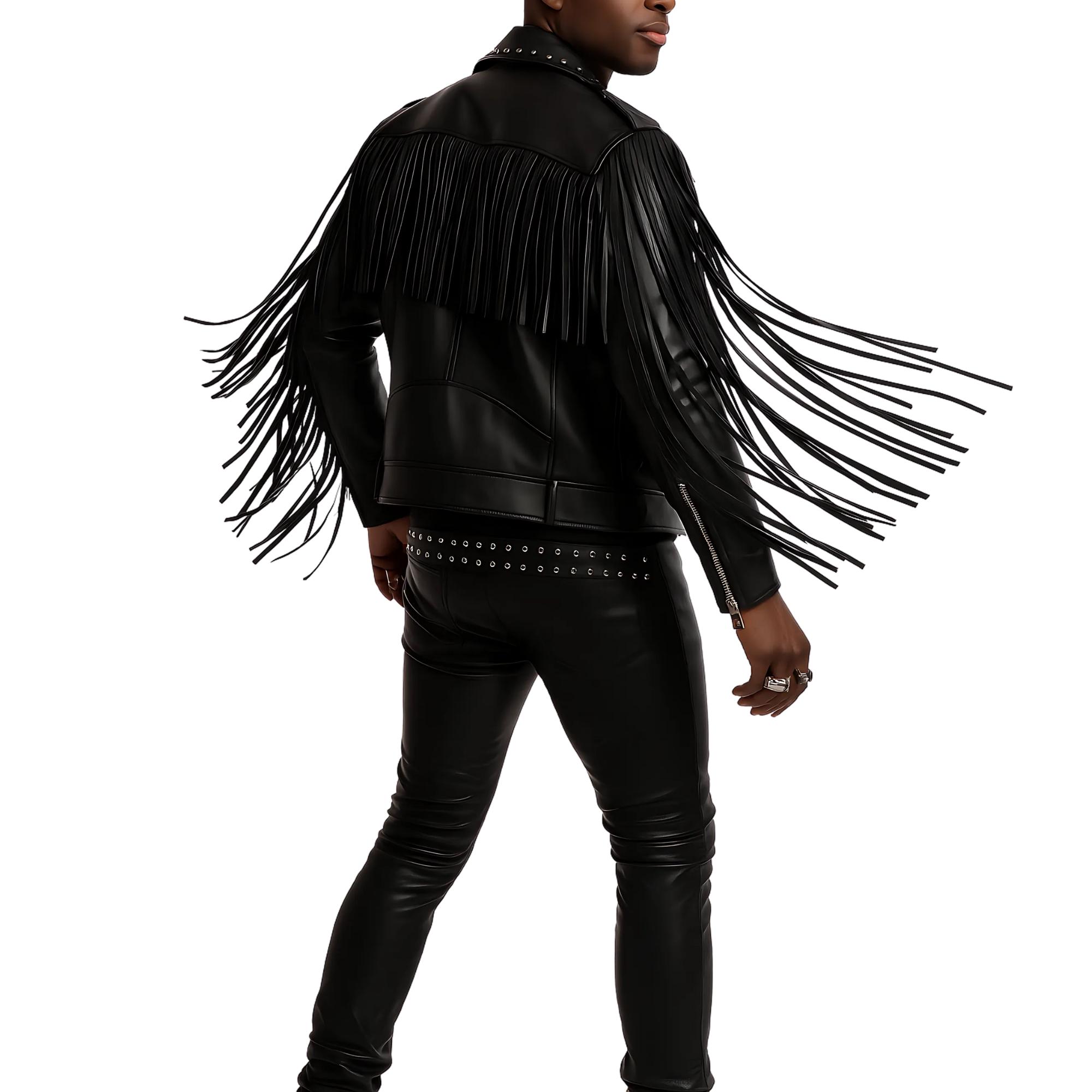 Studded Leather Biker Jacket with Fringe