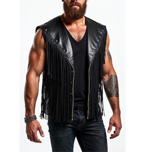 Men&#39;s Black Leather Fringe Vest- Western Cowboy Biker Style- Rocker & Biker Style-Handmade Leather Fringe Vest- Real Leather Men&#39;s Outfit