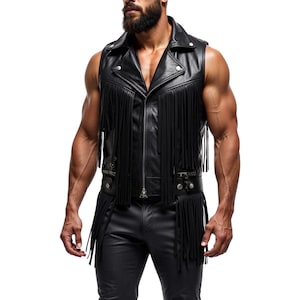 Men’s Genuine Leather Fringe Vest- Steampunk Vest- Leather Tassel Vest- Western Cowboy Biker Waistcoat- Festival Wear- Gift For Him