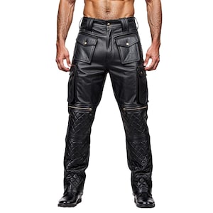 Handmade Black Leather Cargo Pants | Men&#39;s Quilted Biker Trousers