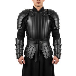 Black Genuine Cow Leather Full Body Armor with Pauldrons & Arm Guards | Medieval Knight Cosplay | LARP Fantasy Warrior Gothic Costume Armor