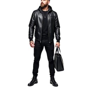 Men Black Leather Zip Hoodie Jacket - Zip-Up Leather Streetwear Coat - Handmade Leather Hoodie - Street Style Hood - Cowhide Genuine Leather