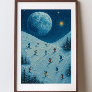 Magisches Mondlicht Ski Abenteuer Digitaldruck -Verträumte Winternacht Wand Kunst -Rob Gonsalves inspirierte Schneelandschaft -Instant Download Skiing Decor