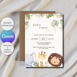 Invitation d'anniversaire safari dans la jungle - modèle de toile modifiable - invitation à une fête des animaux - téléchargement numérique - 1er anniversaire imprimable