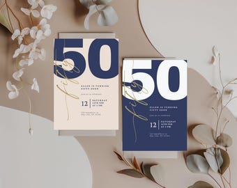50th Birthday Invitation Template | Navy Blue Elegant Party Invite | Editable Canva Template | A6 & Mobile Version | Instant Download