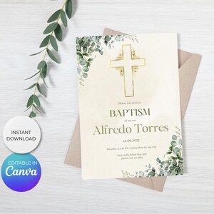 Modelo de convite de batismo editável A6 • Cartão de convite de batismo Canva • Cruz dourada e eucalipto • Download digital para impressão