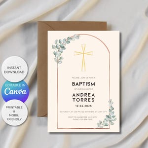 Modelo de convite de batismo Canva I Móvel e impressão I Texto editável apenas I Convite digital de batizado I A6 I Download instantâneo