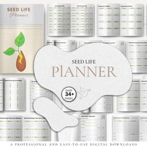 Puede incluir: Un planificador Seed Life con una cubierta beige claro y una ilustración de brote. El planificador incluye páginas para notas, diarios de semillas y el inicio del año de un vistazo. La imagen también muestra el texto "OVER 34+ PAGES" y "A PROFESSIONAL AND EASY-TO-USE DIGITAL DOWNLOADS."