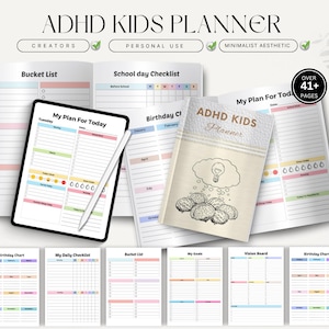 Peut inclure: Planificateur ADHD Kids avec une esthétique minimaliste. Le planificateur comprend une tablette avec un stylet, un carnet et plusieurs pages ouvertes avec des graphiques et des listes de contrôle colorés. La couverture du planificateur présente un cerveau avec une ampoule et le texte "ADHD KIDS Planner".