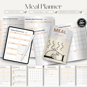 Meal Planner, Weekly Menu Template, Grocery List Printable, Food Tracker Journal, Kitchen Organization Planner PDF