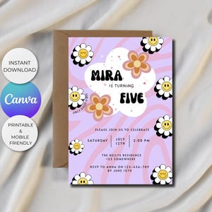 Convite de aniversário com flores retrô - Modelo editável do Canva - Convite para festa Groovy - Cartão para impressão infantil - Download digital