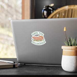 Peut inclure: Autocollant avec un dessin animé de salamandre hellbender marron et rose, avec le texte "Save the Hellbender". La salamandre est sur de l'herbe verte, dans un design circulaire.