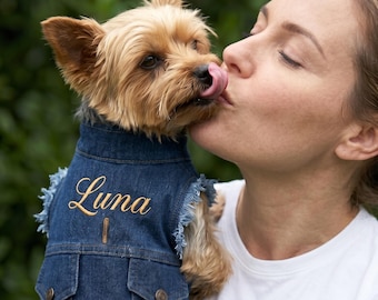 Personalized Dog Denim Vest with Name, Custom Machine Embroidered Jacket, Small Dog Clothes Gift