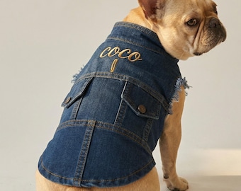 Personalized Dog Denim Vest with Name, Custom Machine Embroidered Jacket, Small Dog Clothes Gift