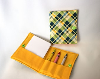 Blue and Green Plaid Crayon Wallet, ready to ship