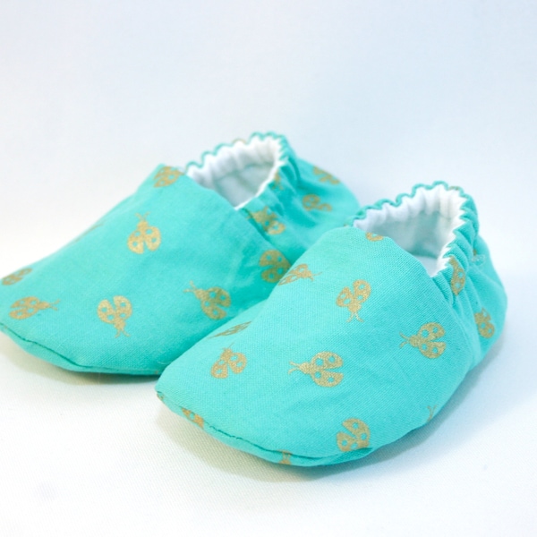 Pastel Teal with Gold Ladybugs Baby Shoes, 0-3 months or 3-6 months, ready to ship