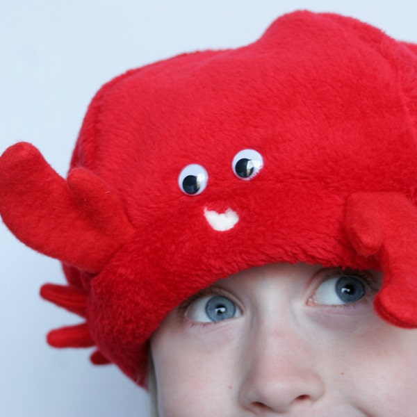 Red Fuzzy Fleece Crab Beret with Claws, Legs, Eyes, Smile - ready to ship