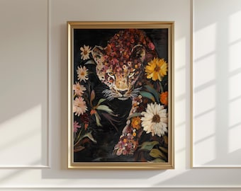 Bloemen luipaard schilderij gewaagde zwarte dierlijke canvaskunst met dramatische bloemen, maximalistische jungle kat portret originele print PM 1117