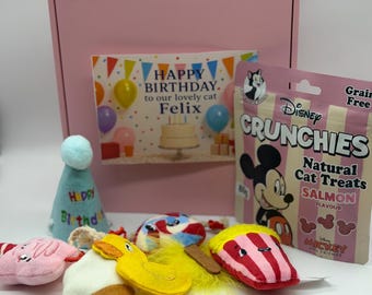 May include: A pink gift box with a birthday card reading HAPPY BIRTHDAY to our lovely cat Felix, a light blue party hat, a bag of Disney Crunchies salmon cat treats, and several plush toys including a yellow duck and a red and white striped item.