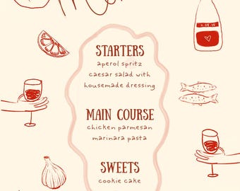 Menú de verano personalizable con tomates: Cena de despedida de soltera dibujada a mano (descarga digital)