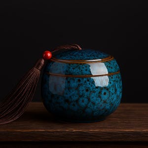 Medium Blue Ceramic Tea Jar | Chinese Tea Canister | Porcelain Storage Jar | Sealed Spice Pot | Coffee Container | Tea Leaf Holder | 130ml