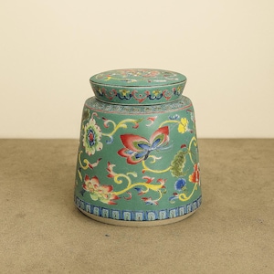 Green Ceramic Tea Jar – Painted Chinese Floral Storage Canister, Porcelain Caddy, Decorative Kitchen Jar, Sweets, Japan, Gift for Tea Lovers