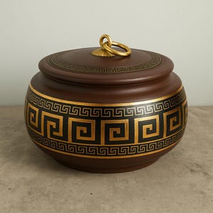 Duża urna na prochy zwierząt – brązowa ceramiczna urna dla psa, kota, królika – dekoracyjna kremacja zwierząt – słoik na prochy – złoty wzór